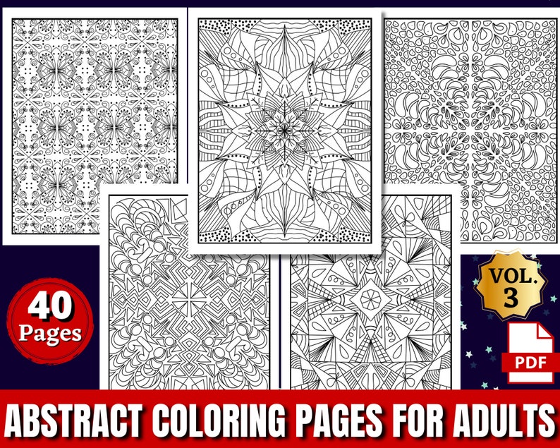 May include: A set of 40 abstract coloring pages for adults. The pages feature intricate designs with geometric patterns and swirls. The pages are black and white and ready to be colored.