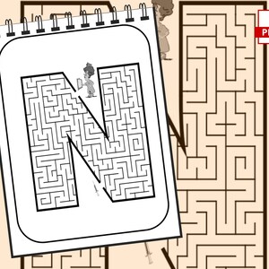 May include: A black and white printable maze activity featuring the letter N. The maze is designed for children to help them learn the alphabet and practice their fine motor skills.