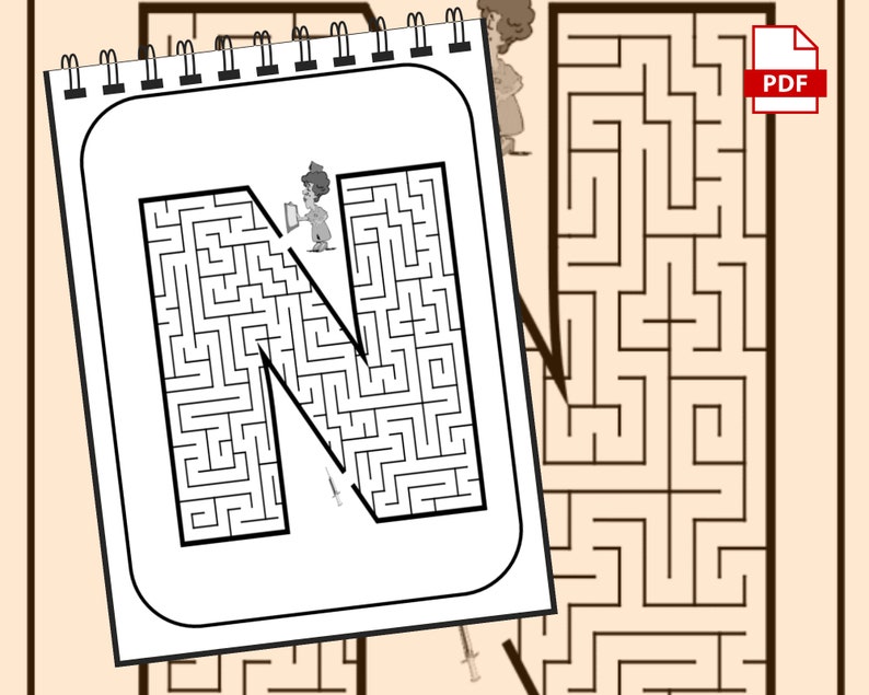 May include: A black and white printable maze activity featuring the letter N. The maze is designed for children to help them learn the alphabet and practice their fine motor skills.