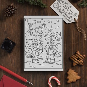May include: A black and white coloring page featuring a snowman, a girl, and a boy holding a gift. The girl is holding a small Christmas tree. The text "Merry Christmas" is on a tag in the upper right corner of the image.