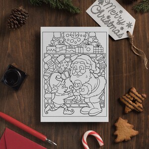 May include: A black and white coloring page featuring Santa Claus and an elf standing in front of a fireplace. The fireplace is decorated with stockings, presents, and a wreath. The text "Merry Christmas" is written on a tag in the upper right corner of the image.