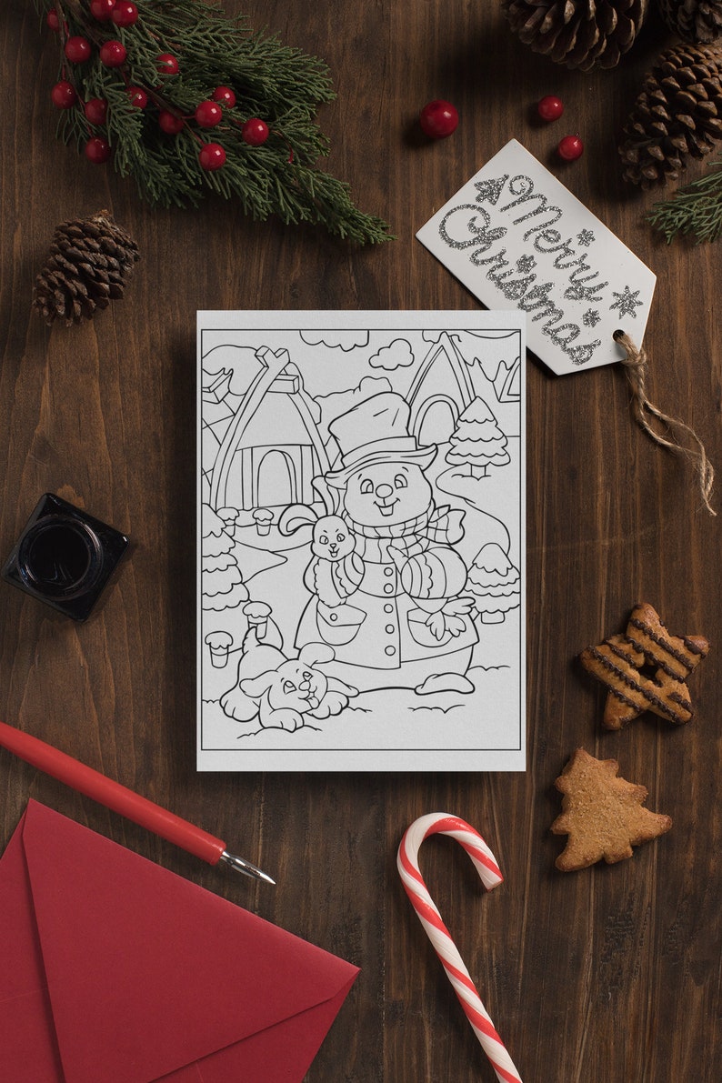 May include: A black and white coloring page featuring a snowman with a hat and scarf holding a bunny rabbit. A dog is sitting in front of the snowman. The page is surrounded by a wooden background with Christmas decorations.