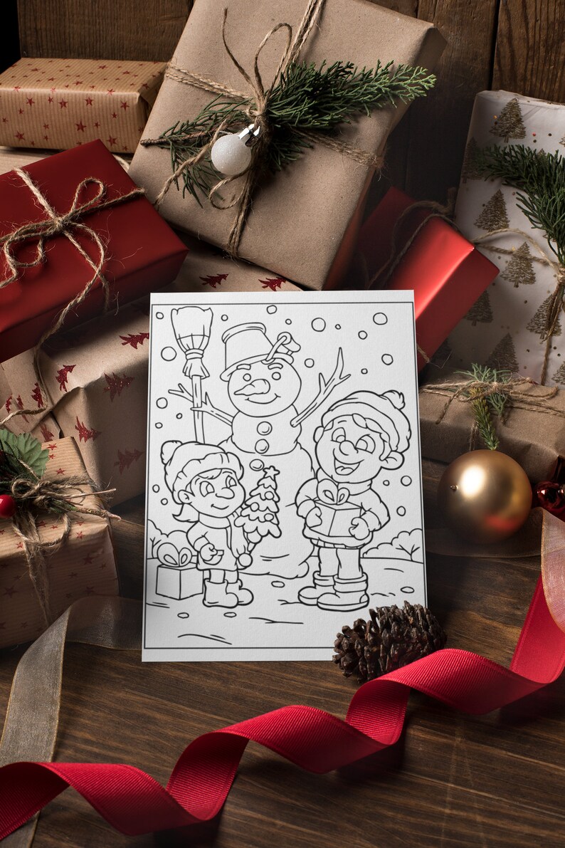 May include: A black and white coloring page featuring two children and a snowman. The children are holding a small Christmas tree and a gift box. The snowman is wearing a hat and scarf. The page is surrounded by wrapped gifts and a red ribbon.