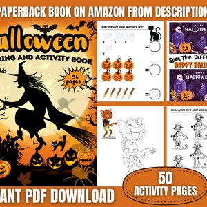 Könnte beinhalten: Halloween Malbuch und Aktivitätsbuch für Kinder mit 54 Seiten. Der Umschlag zeigt eine Hexe, die auf einem Besen mit einer schwarzen Katze und Kürbissen fliegt. Das Buch enthält Aktivitäten wie Zählen, Unterschiede finden und Ausmalen.