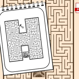 May include: A black and white maze in the shape of the letter H. A small cartoon character with a hammer is at the start of the maze. The goal is to help the character find their way through the maze to the exit.