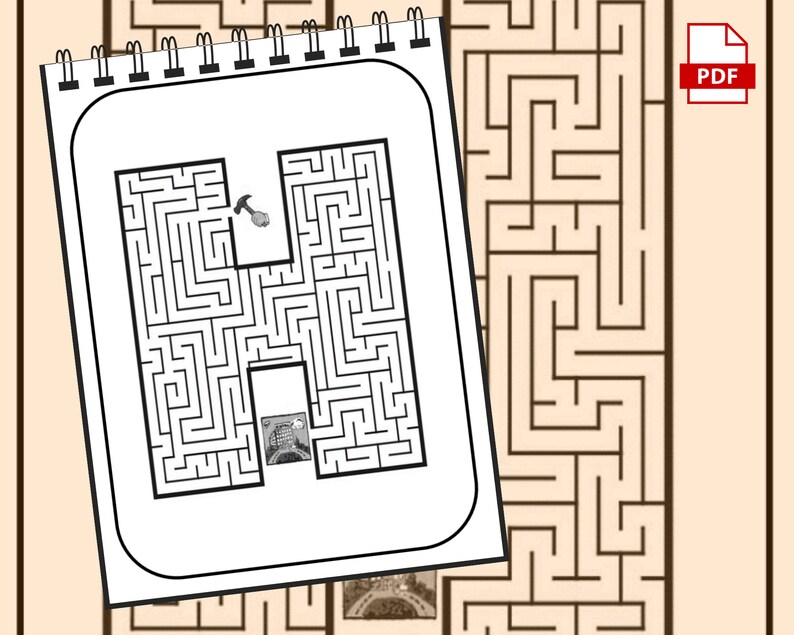 May include: A black and white maze in the shape of the letter H. A small cartoon character with a hammer is at the start of the maze. The goal is to help the character find their way through the maze to the exit.