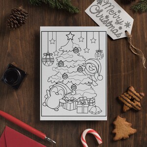 May include: A black and white printable coloring page featuring a Christmas tree with two penguins, presents, and ornaments. The text "Merry Christmas" is on a tag in the upper right corner of the image.
