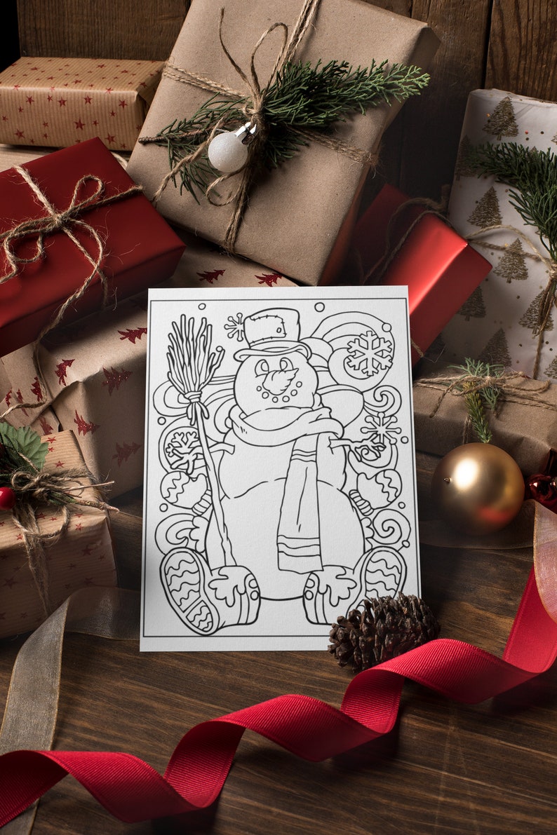 May include: A black and white coloring page featuring a snowman holding a broom. The snowman is wearing a hat and scarf. The page is surrounded by wrapped gifts and a red ribbon.