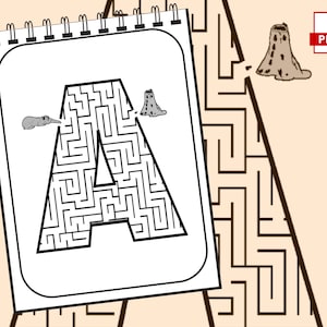 May include: A black and white maze shaped like the letter A. The maze starts at the top left corner and ends at the bottom right corner. There are two small gray animals at the start and end of the maze.