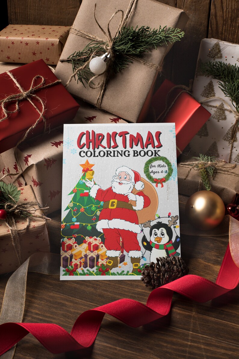 May include: A Christmas coloring book with a festive illustration of Santa Claus and a penguin. The book has a glittery cover and the title "Christmas Coloring Book" is printed in red. The text "For Kids Ages 4-8" is printed in a circle on the cover.