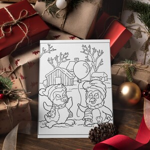 May include: A black and white coloring page featuring two penguins holding a balloon. The penguins are wearing hats and scarves. The scene is set in a snowy winter landscape with a small house and trees.