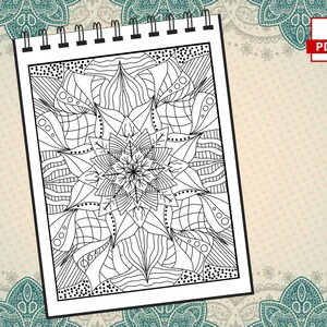 May include: Black and white intricate mandala design on a white sheet of paper. The design is in a spiral pattern with a flower in the center.