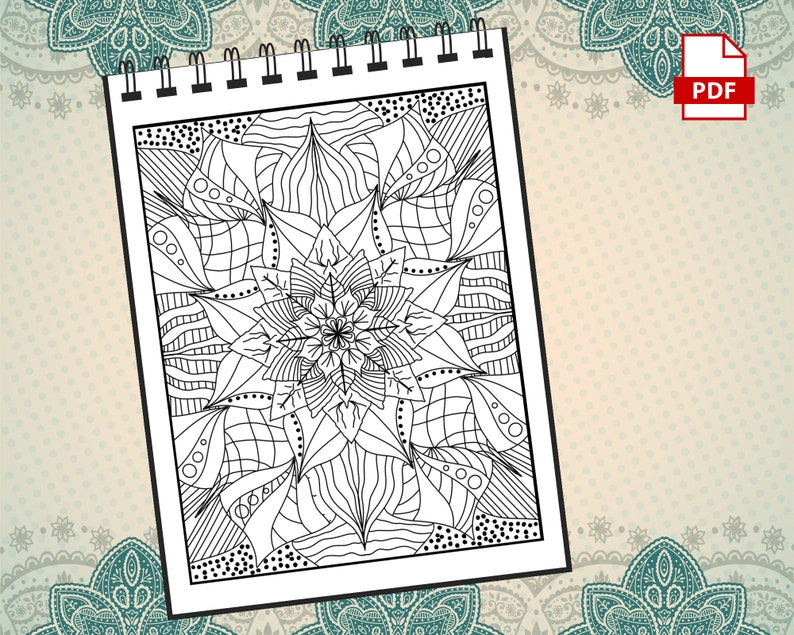 May include: Black and white intricate mandala design on a white sheet of paper. The design is in a spiral pattern with a flower in the center.