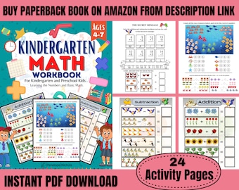 24 Kindergarten Math Worksheets | Preschool-1st Grade Math | Children activities at home| Instant download PDF | Addition and Subtraction