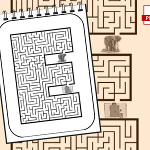 May include: A black and white printable maze shaped like the letter E. The maze has a path for an elephant to follow from the top of the letter to the bottom.