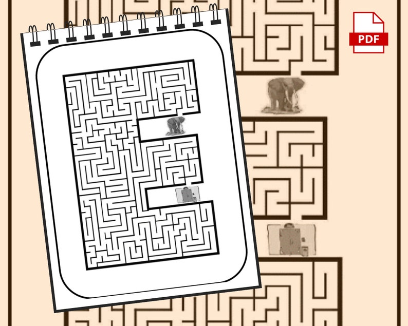 May include: A black and white printable maze shaped like the letter E. The maze has a path for an elephant to follow from the top of the letter to the bottom.