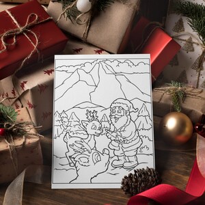May include: A black and white coloring page featuring Santa Claus and a reindeer in a snowy mountain scene. The page is surrounded by wrapped gifts and Christmas decorations.