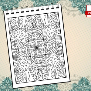 May include: A black and white intricate geometric pattern coloring page. The design is symmetrical and features a variety of shapes and lines.
