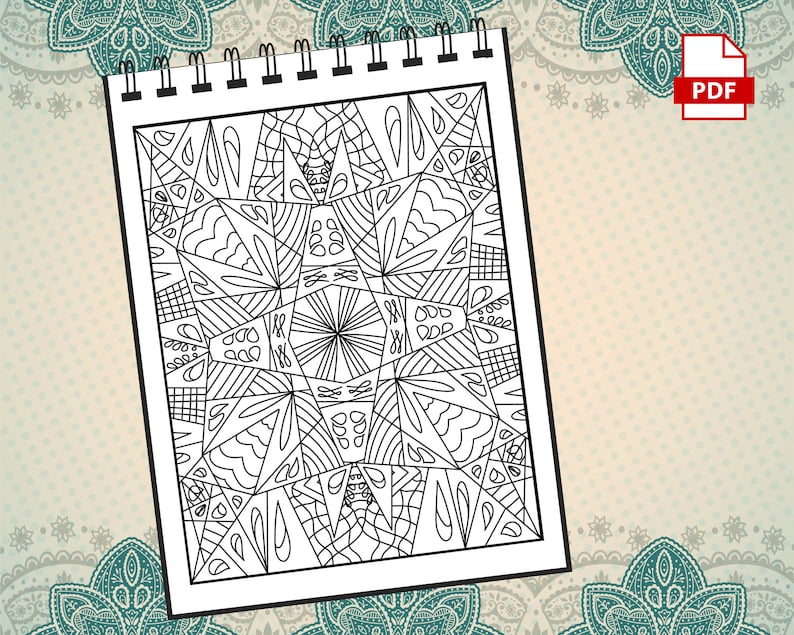 May include: A black and white intricate geometric pattern coloring page. The design is symmetrical and features a variety of shapes and lines.