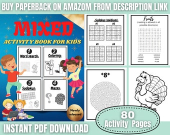 Puede incluir: Una portada colorida para un libro de actividades para niños titulado "Mixed Activity Book for Kids". La portada presenta ilustraciones de niños, animales y diversas actividades, incluyendo búsquedas de palabras, páginas para colorear, laberintos y sudokus. El libro contiene 80 páginas de actividades y está disponible para descarga instantánea en PDF.