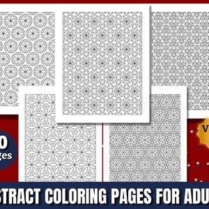 May include: A collection of abstract coloring pages for adults, featuring intricate geometric patterns. The pages are black and white, with a variety of floral and starburst designs. The cover indicates 30 pages in Volume 2, available in PNG format.