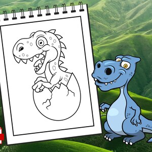 May include: A black and white line drawing of a baby dinosaur hatching from an egg. The dinosaur is smiling and has its mouth open. The egg is cracked open and the dinosaur is sticking its head and one arm out of the egg.