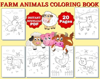 20 Cute Farm Animals Digital Coloring Book - Kdp Complete Interior - Perfect Coloring Pages for Kids Boys and Girls | INSTANT DOWNLOAD
