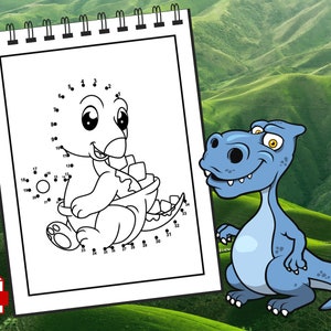 May include: A black and white connect-the-dots activity sheet featuring a cartoon dinosaur. The dinosaur is sitting on its hind legs with its tail curled around its body. The numbers 1 through 35 are scattered around the dinosaur's outline.