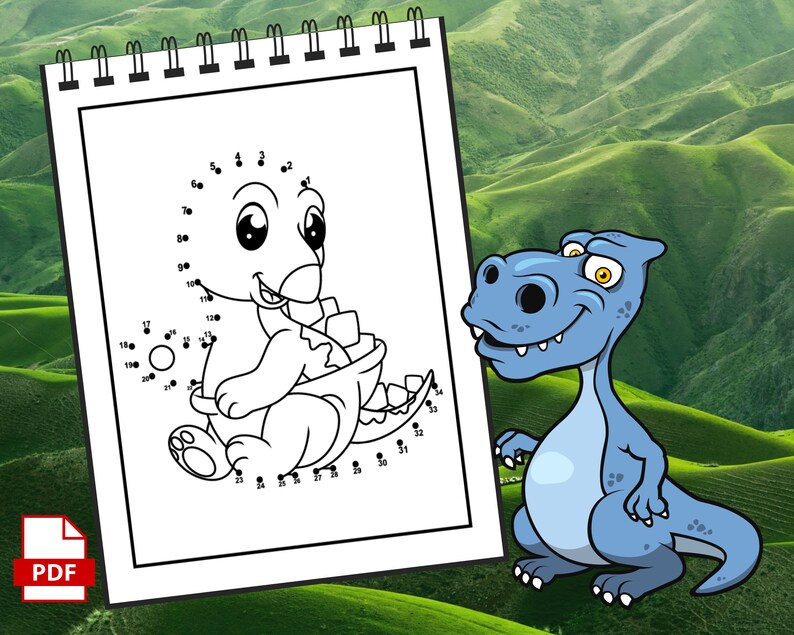 May include: A black and white connect-the-dots activity sheet featuring a cartoon dinosaur. The dinosaur is sitting on its hind legs with its tail curled around its body. The numbers 1 through 35 are scattered around the dinosaur's outline.