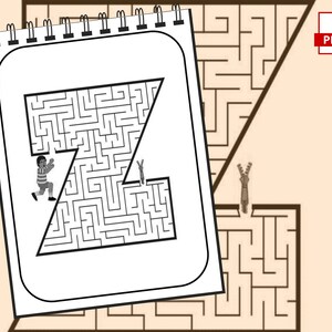 May include: A black and white maze shaped like the letter Z. Two stick figures are trying to navigate the maze. One stick figure is at the start of the maze and the other is at the end.