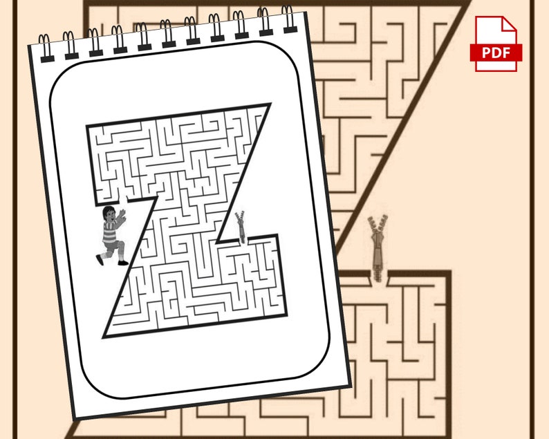 May include: A black and white maze shaped like the letter Z. Two stick figures are trying to navigate the maze. One stick figure is at the start of the maze and the other is at the end.