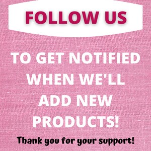 K&ouml;nnte beinhalten: Rosa strukturierter Hintergrund mit wei&szlig;em Text, der "FOLLOW US TO GET NOTIFIED WHEN WE'LL ADD NEW PRODUCTS! Thank you for your support!" lautet.