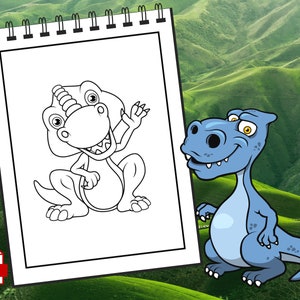 May include: A black and white line drawing of a dinosaur on a white sheet of paper with a spiral binding. A blue dinosaur is looking at the drawing.