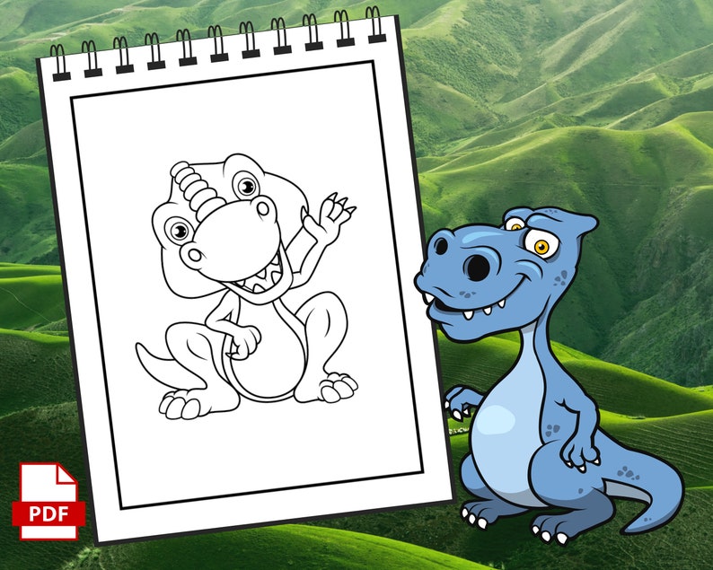 May include: A black and white line drawing of a dinosaur on a white sheet of paper with a spiral binding. A blue dinosaur is looking at the drawing.