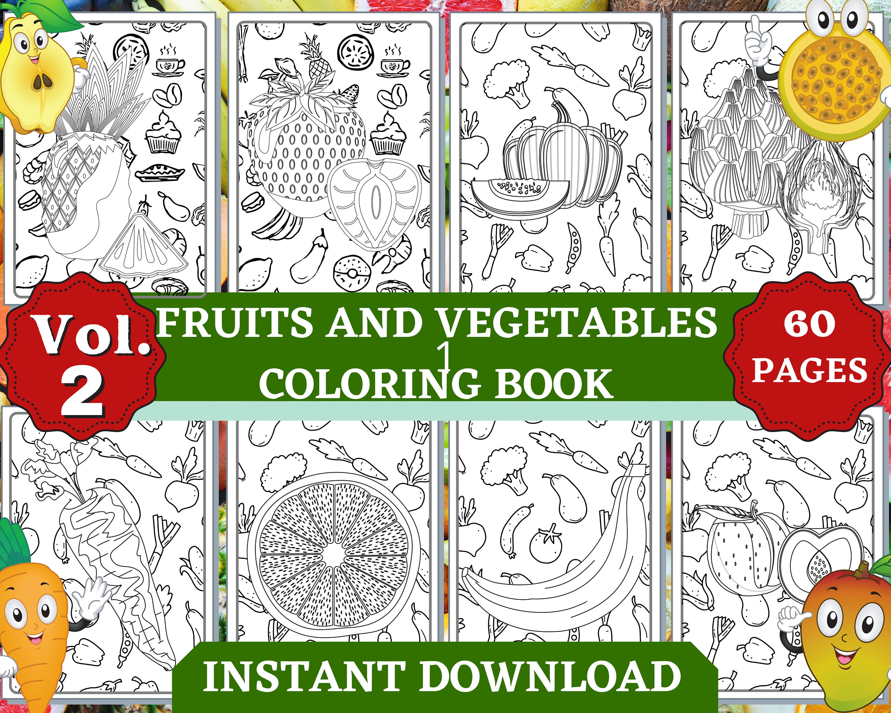 60 fruits and vegetables coloring pages instant download etsy