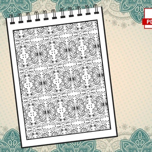 May include: A black and white printable coloring page featuring a repeating pattern of intricate butterfly designs. The page is designed to be printed on a standard 8.5 x 11 inch sheet of paper.