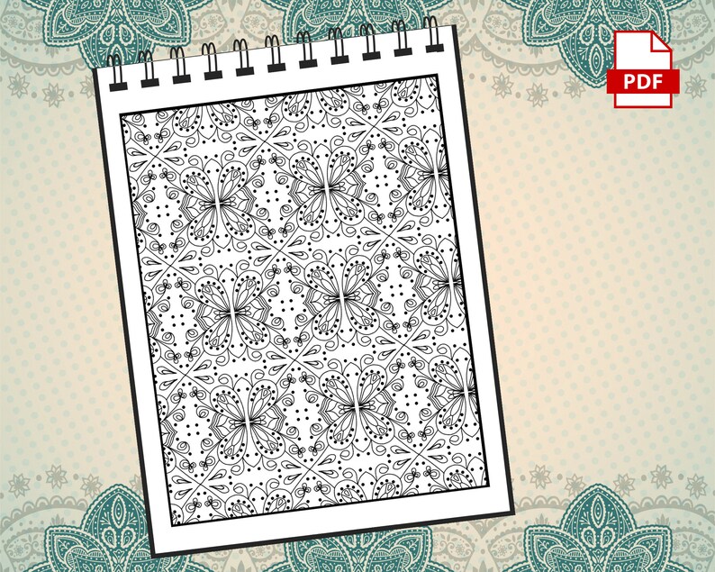 May include: A black and white printable coloring page featuring a repeating pattern of intricate butterfly designs. The page is designed to be printed on a standard 8.5 x 11 inch sheet of paper.