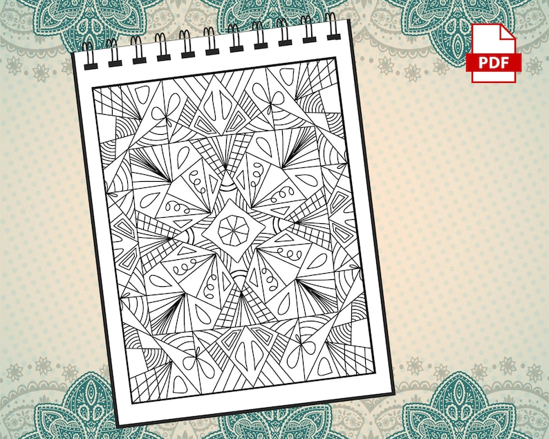 May include: A black and white geometric pattern coloring page with a spiral design in the center. The page is on a spiral bound notebook.
