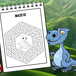 May include: A black and white printable maze activity sheet with the title "MAZE 10" and a cartoon image of a baby dinosaur inside the maze. A blue cartoon dinosaur is looking at the maze.