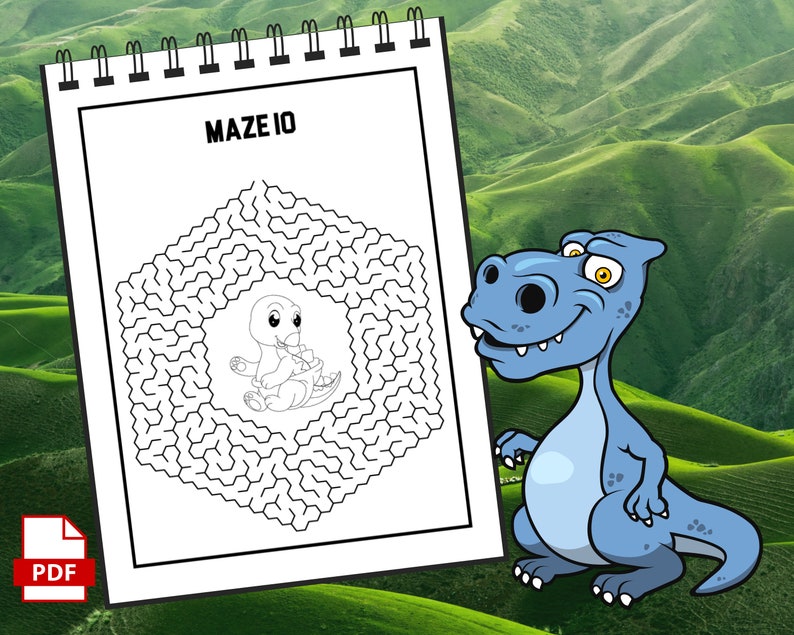 May include: A black and white printable maze activity sheet with the title "MAZE 10" and a cartoon image of a baby dinosaur inside the maze. A blue cartoon dinosaur is looking at the maze.