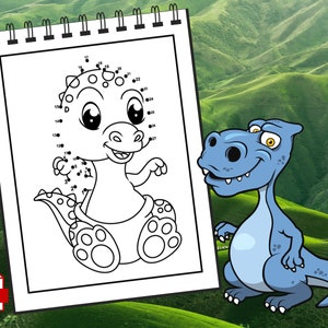 May include: A black and white connect-the-dots colouring page featuring a cute cartoon dinosaur. The dinosaur is sitting down with its mouth open and its eyes wide. The numbers 1 through 30 are scattered around the dinosaur's body.