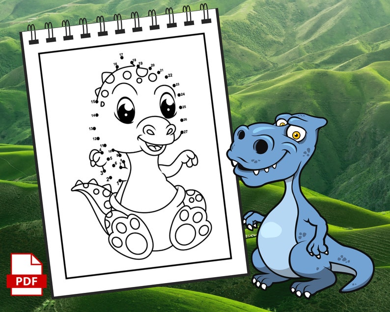 May include: A black and white connect-the-dots colouring page featuring a cute cartoon dinosaur. The dinosaur is sitting down with its mouth open and its eyes wide. The numbers 1 through 30 are scattered around the dinosaur's body.