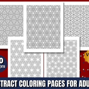May include: A collection of abstract coloring pages for adults, featuring intricate geometric patterns. The image shows several pages with different designs, including floral and tessellated shapes. The text on the image reads "30 Pages" and "Vol. 1".