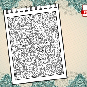 May include: A black and white printable coloring page featuring a complex geometric pattern of overlapping teardrop shapes. The design is reminiscent of a mandala or kaleidoscope.