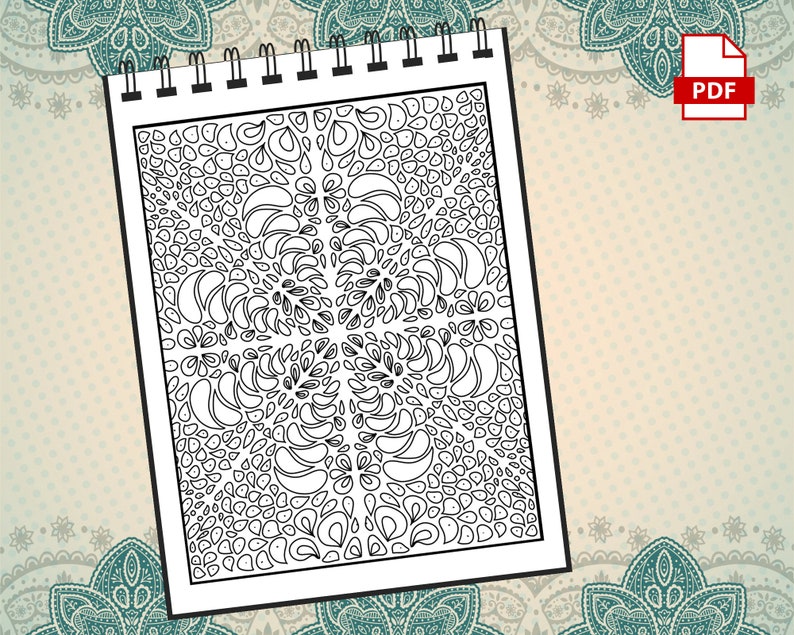 May include: A black and white printable coloring page featuring a complex geometric pattern of overlapping teardrop shapes. The design is reminiscent of a mandala or kaleidoscope.