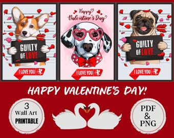 3 Printable Puppy Dog Valentine's Day Wall Art | Dog Valentine's Day Wall Art | Digital Art - Illustration | Valentines Day Wall Decor Set