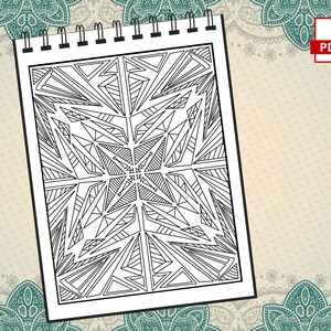 May include: A black and white geometric pattern coloring page with a spiral design in the center. The page is on a spiral bound notebook.