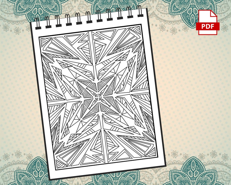 May include: A black and white geometric pattern coloring page with a spiral design in the center. The page is on a spiral bound notebook.