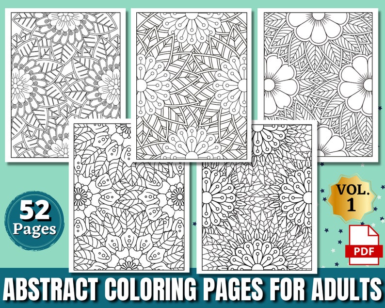 52 páginas abstractas para colorear para adultos / Increíbles páginas para colorear para adultos para niñas, mujeres, hombres y adolescentes / Alivio del estrés y relajación VOL. 1 imagen 1