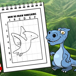 May include: A black and white line drawing of a dinosaur with wings on a grid. The grid is labelled with letters A through F and numbers 1 through 7. A blue cartoon dinosaur is looking at the drawing.
